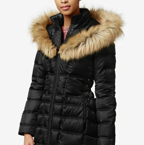 Betsey Johnson Black Faux Fur Trim Hood Lace Up Puffer Coat Jacket. - Picture 4 of 16